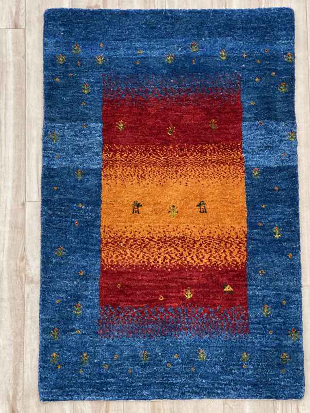 ギャッベ 玄関マットサイズ 92×60cm 手織り 青 (GD-0491)２