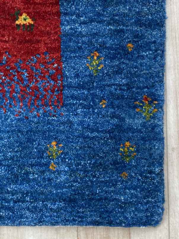 ギャッベ 玄関マットサイズ 92×60cm 手織り 青 (GD-0491)３