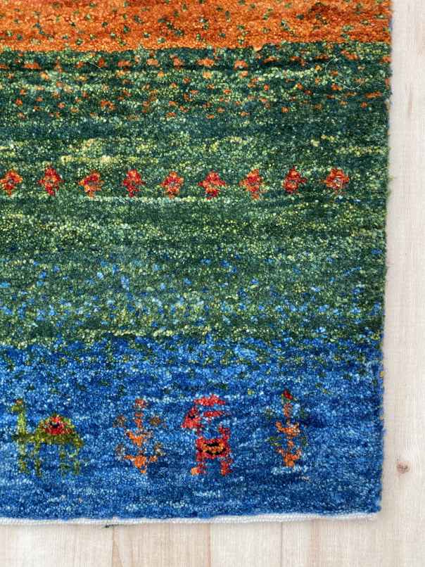 ギャッベ 玄関マットサイズ 93×63cm 手織り 青 緑 ボーダー柄 (GD-0495)３