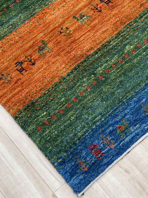 ギャッベ 玄関マットサイズ 93×63cm 手織り 青 緑 ボーダー柄 (GD-0495)
