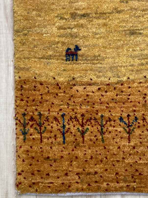 ギャッベ 玄関マットサイズ 84×58cm 手織り 黄色 ブラウン (GD-0497)３