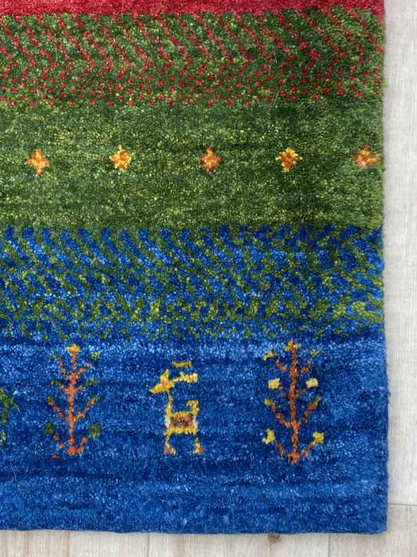 ギャッベ 玄関マットサイズ 86×62cm 手織り 青 緑 (GD-0503)３