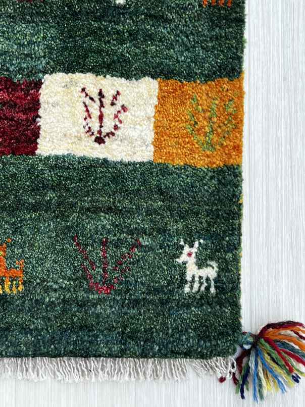ギャッベ 玄関マットサイズ 60×40cm 手織り 緑 (GD-0704)