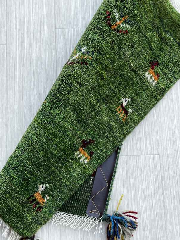 ギャッベ 玄関マットサイズ 61×36cm 手織り 緑 (GD-0709)