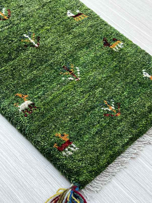 ギャッベ 玄関マットサイズ 61×36cm 手織り 緑 (GD-0672)