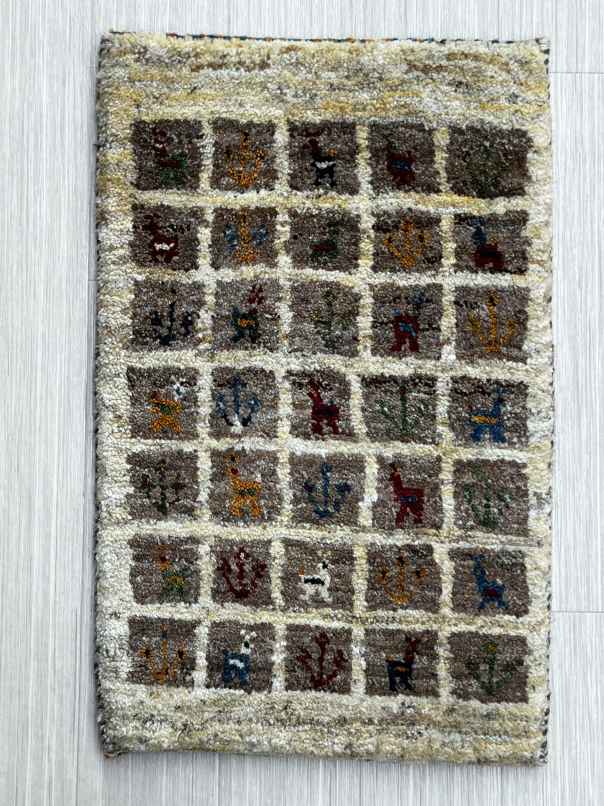 ギャッベ 玄関マットサイズ 58×38cm 手織り グレー (GD-0733)