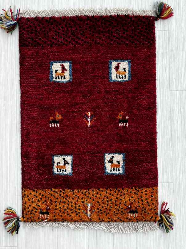 ギャッベ 玄関マットサイズ 60×40cm 手織り 赤 (GD-0742)