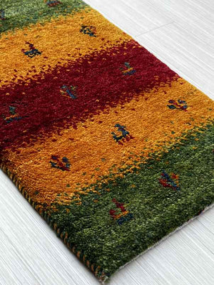 ギャッベ 玄関マットサイズ 60×37cm 手織り 緑 黄色 (GD-0745)