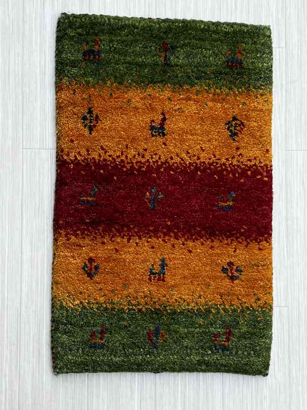 ギャッベ 玄関マットサイズ 60×37cm 手織り 緑 黄色 (GD-0745)