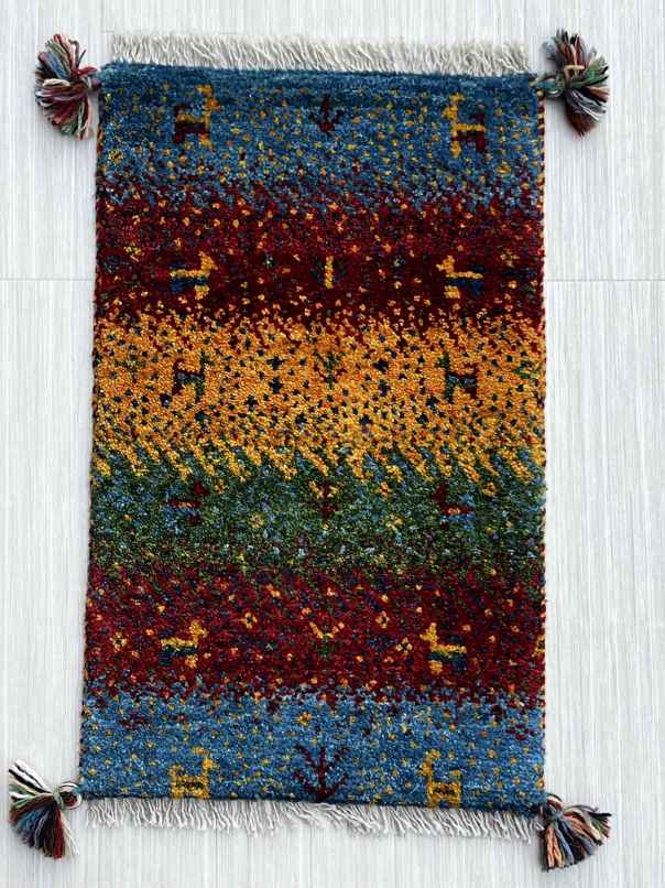 ギャッベ 玄関マットサイズ 57×36cm 手織り 赤 青 (GD-0749)