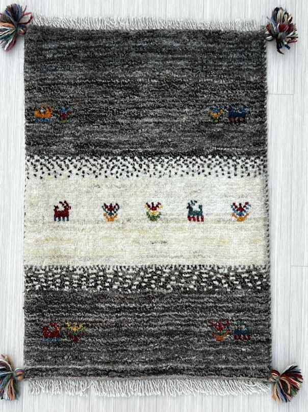 ギャッベ 玄関マットサイズ 60×42cm 手織り グレー (GD-0753)