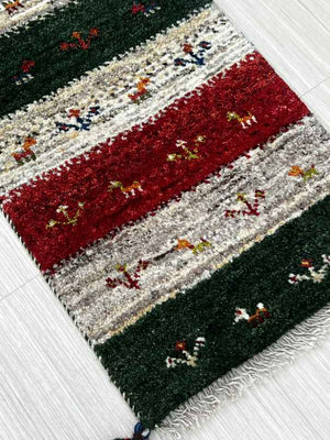 ギャッベ 玄関マットサイズ 60×37cm 手織り 緑 グレー (GD-0757)