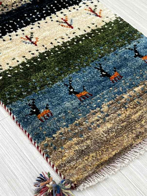 ギャッベ 玄関マットサイズ 55×37cm 手織り グレー 緑 (GD-0761)