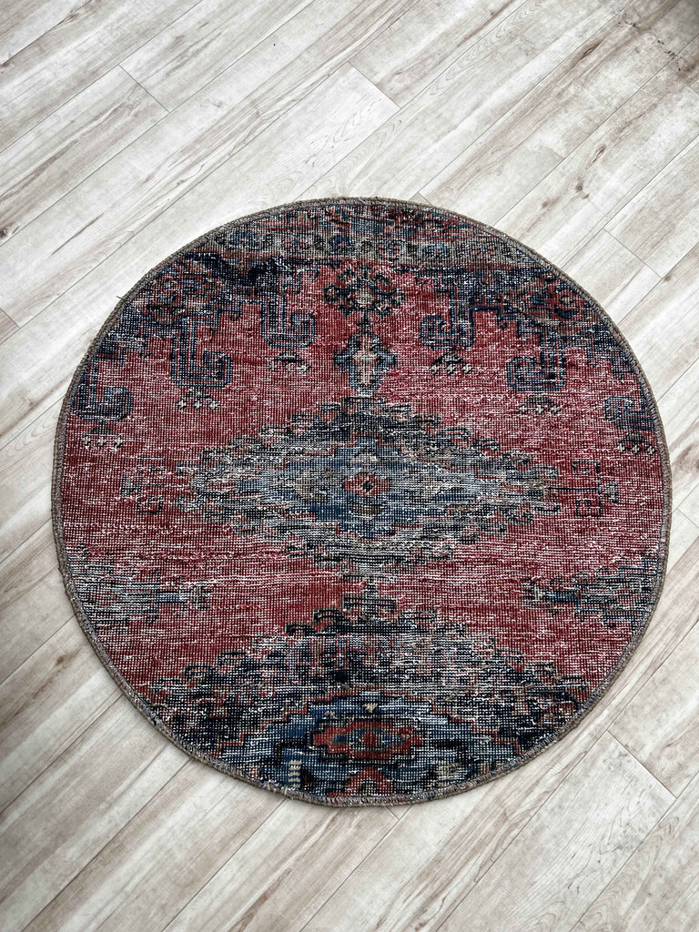 オーバーダイラグ  円形 直径81cm 手織り 赤 グレー ブラウン (OV-0001)
