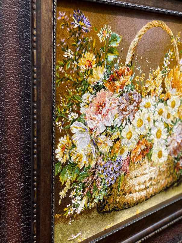 ペルシャ絵画絨毯 [絨毯]66×48cm [額込]97×79cm 手織り 花 (PPC-0043)3