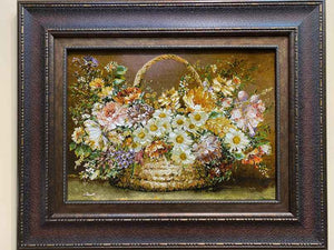 ペルシャ絵画絨毯 [絨毯]66×48cm [額込]97×79cm 手織り 花 (PPC-0043)