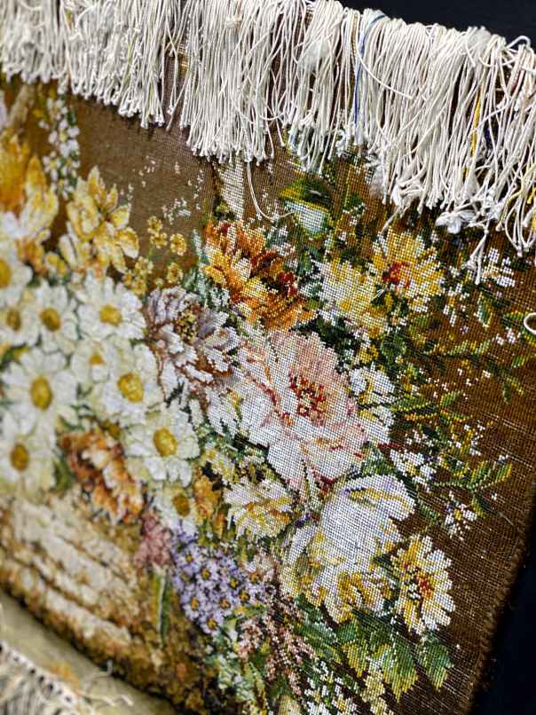 ペルシャ絵画絨毯 [絨毯]66×48cm [額込]97×79cm 手織り 花 (PPC-0043)7