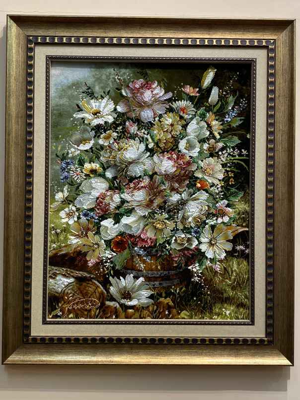 ペルシャ絵画絨毯 [絨毯]52×66cm [額込]74×88cm 手織り 花 (PPC-0044)