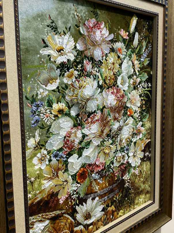 ペルシャ絵画絨毯 [絨毯]52×66cm [額込]74×88cm 手織り 花 (PPC-0044)３
