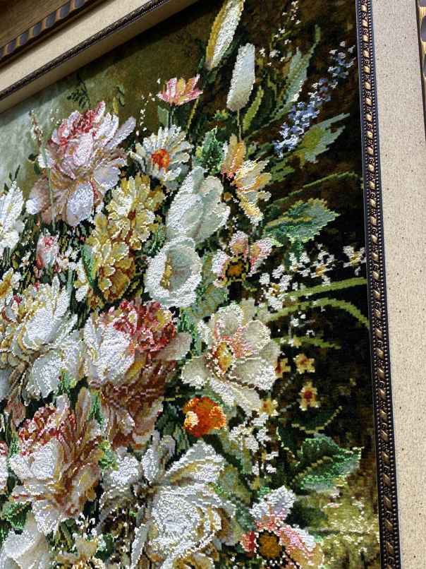 ペルシャ絵画絨毯 [絨毯]52×66cm [額込]74×88cm 手織り 花 (PPC-0044)４