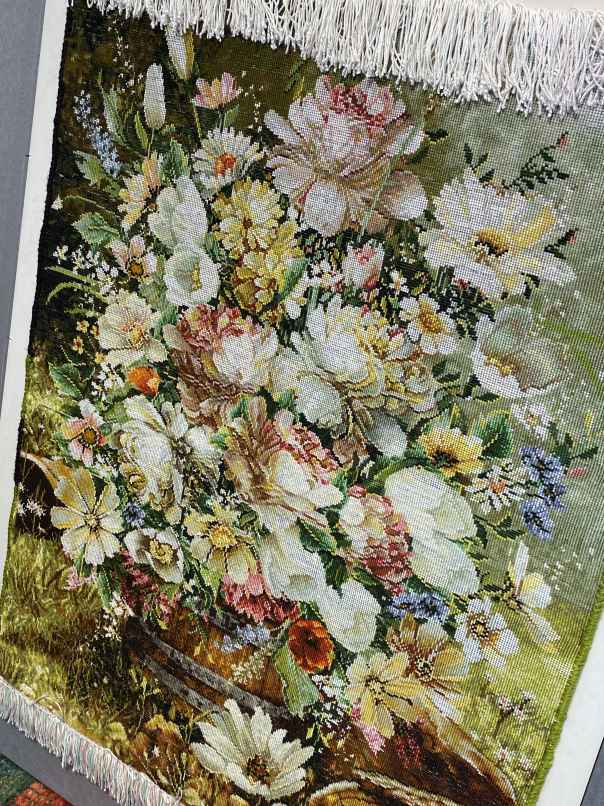 ペルシャ絵画絨毯 [絨毯]52×66cm [額込]74×88cm 手織り 花 (PPC-0044)７