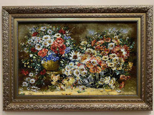 ペルシャ絵画絨毯 [絨毯]84×85cm [額込]107×75cm 手織り 花 (PPC-0046)