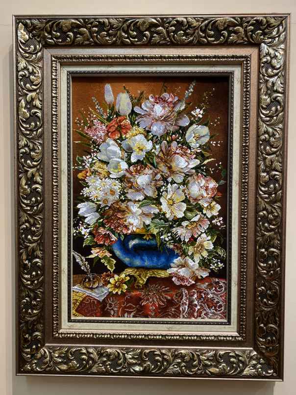 ペルシャ絵画絨毯 [絨毯]63×40cm [額込]90×68cm 手織り 花 (PPC-0047