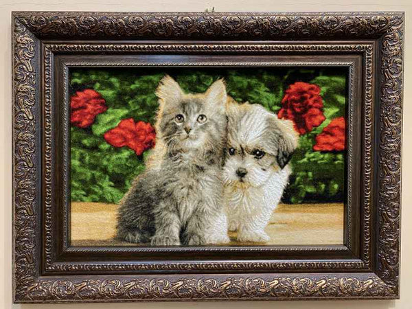 ペルシャ絵画絨毯 [絨毯]57×37cm [額込]81×60cm 手織り 犬と猫