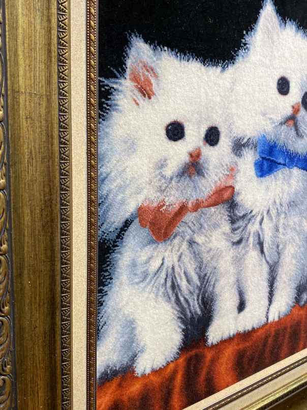 ペルシャ絵画絨毯 [絨毯]61×44cm [額込]83×66cm 手織り 猫 (PPC-0050)３