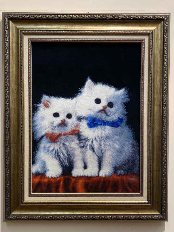 ペルシャ絵画絨毯 [絨毯]61×44cm [額込]83×66cm 手織り 猫 (PPC-0050 
