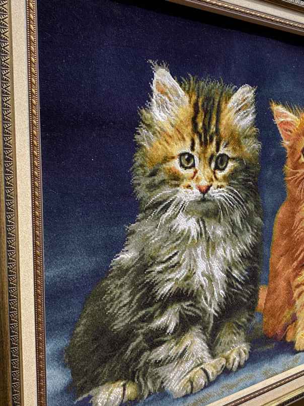 ペルシャ絵画絨毯 [絨毯]54×64cm [額込]76×87cm 手織り 猫 (PPC-0051)３
