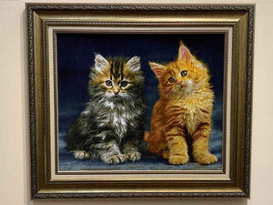 ペルシャ絵画絨毯 [絨毯]54×64cm [額込]76×87cm 手織り 猫 (PPC-0051)