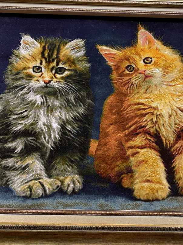 ペルシャ絵画絨毯 [絨毯]54×64cm [額込]76×87cm 手織り 猫 (PPC-0051)４