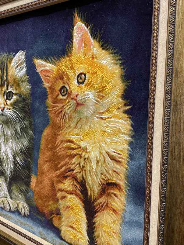 ペルシャ絵画絨毯 [絨毯]54×64cm [額込]76×87cm 手織り 猫 (PPC-0051)２