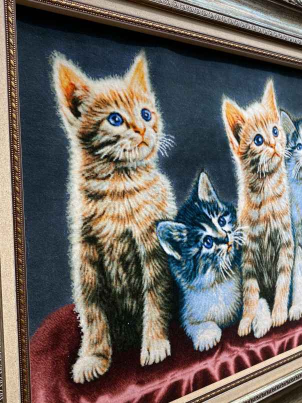 ペルシャ絵画絨毯 [絨毯]47×66cm [額込]69×89cm 手織り 猫 (PPC-0054)３