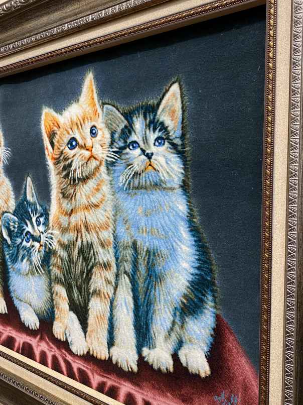 ペルシャ絵画絨毯 [絨毯]47×66cm [額込]69×89cm 手織り 猫 (PPC-0054)２
