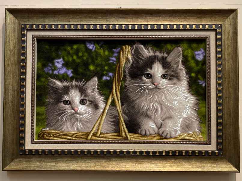 ペルシャ絵画絨毯 [絨毯]34×56cm [額込]54×77cm 手織り 猫 (PPC-0056)