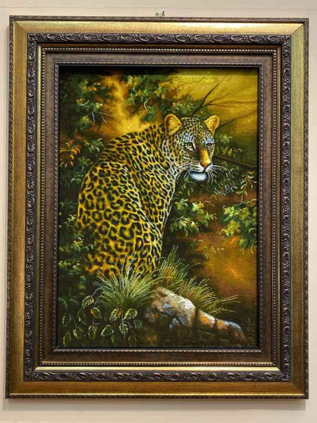 ペルシャ絵画絨毯 [絨毯]63×45cm [額込]86×68cm 手織り 豹 (PPC 