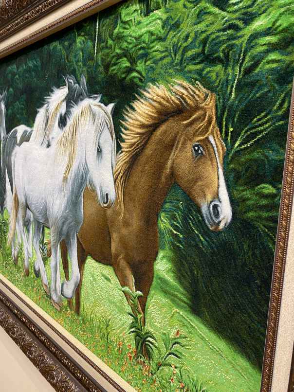 ペルシャ絵画絨毯 [絨毯]58×95cm [額込]81×118cm 手織り 馬 (PPC-0064 