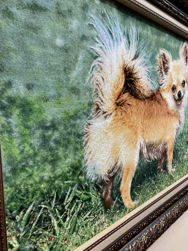ペルシャ絵画絨毯 [絨毯]49×79cm [額込]72×102cm 手織り 犬 (PPC-0067