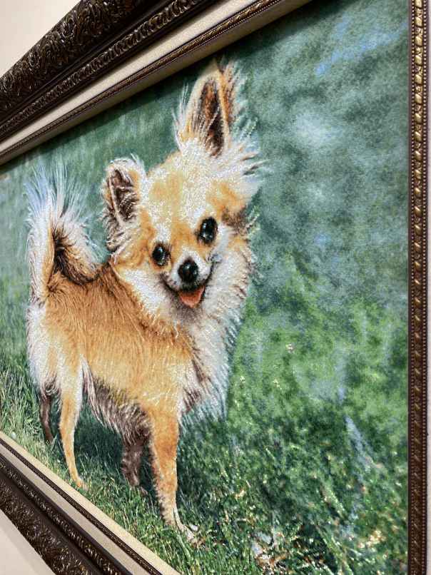 ペルシャ絵画絨毯 [絨毯]49×79cm [額込]72×102cm 手織り 犬 (PPC-0067)２