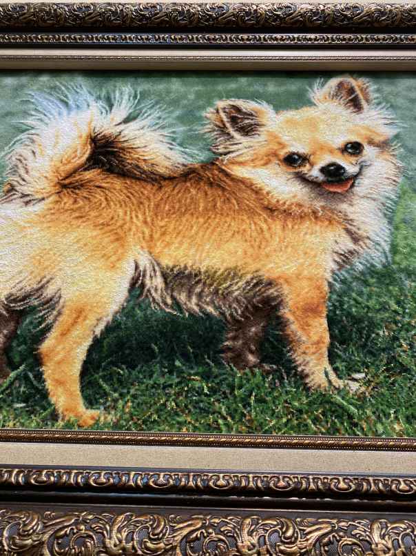 ペルシャ絵画絨毯 [絨毯]49×79cm [額込]72×102cm 手織り 犬 (PPC-0067)４