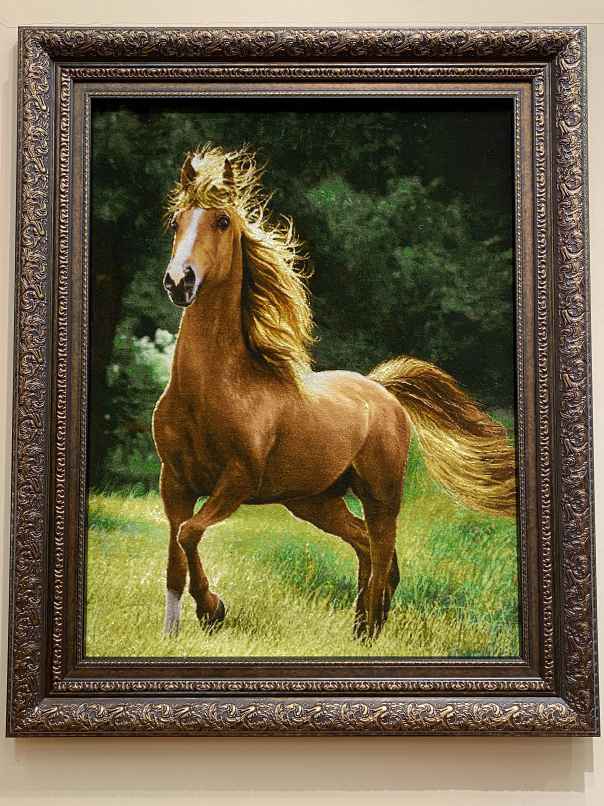 イスタンブール購入 ペルシャ絵画 騎馬戦闘シーン（モザイク画） ペルシャ絨毯 馬タブリーズ アリナサプ工房作品シルク 絵画 馬