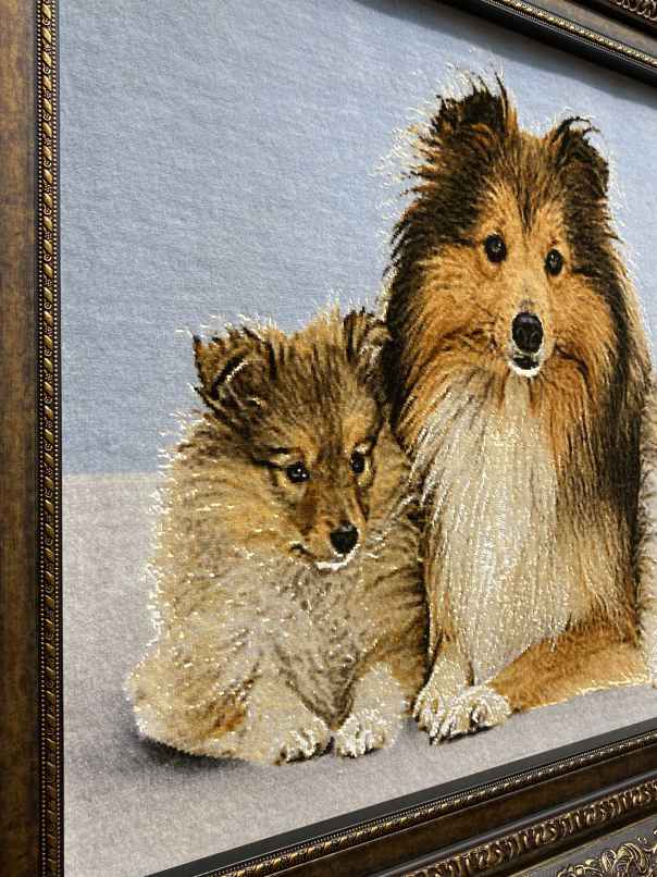 ペルシャ絵画絨毯 [絨毯]47×65cm [額込]70×88cm 手織り 犬 (PPC-0073)３