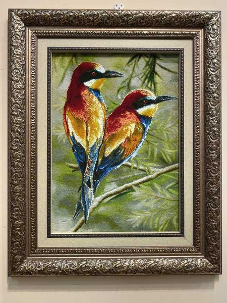 ペルシャ絵画絨毯 [絨毯]38×53cm [額込]63×78cm 手織り 鳥 (PPC 