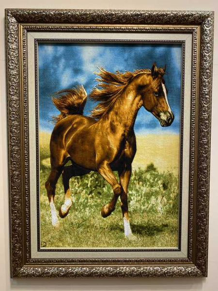 ペルシャ絵画絨毯 [絨毯]57×84cm [額込]83×109cm 手織り 馬 (PPC-0032)